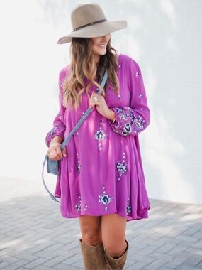 Free People Flower Embroidered Magenta Mini Dress L Pockets Boho Festival